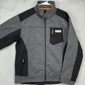 NRA‎ Full Zip Jacket Mens Large Gray Black Fleece Lined Softshell Pocket Logo